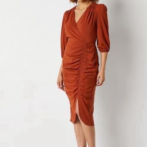Max Studio Brown Ruched Wrap Dress with Plunge Neckline